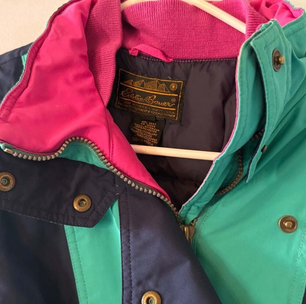 Vintage Eddie Bauer Goose Down Ski Jacket 90s Colorblock Puffer Coat Retro Y2K - Picture 4 of 14